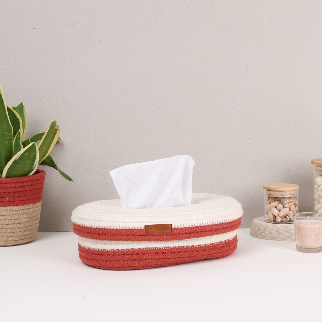 Oval Tissue Box - White & Rust