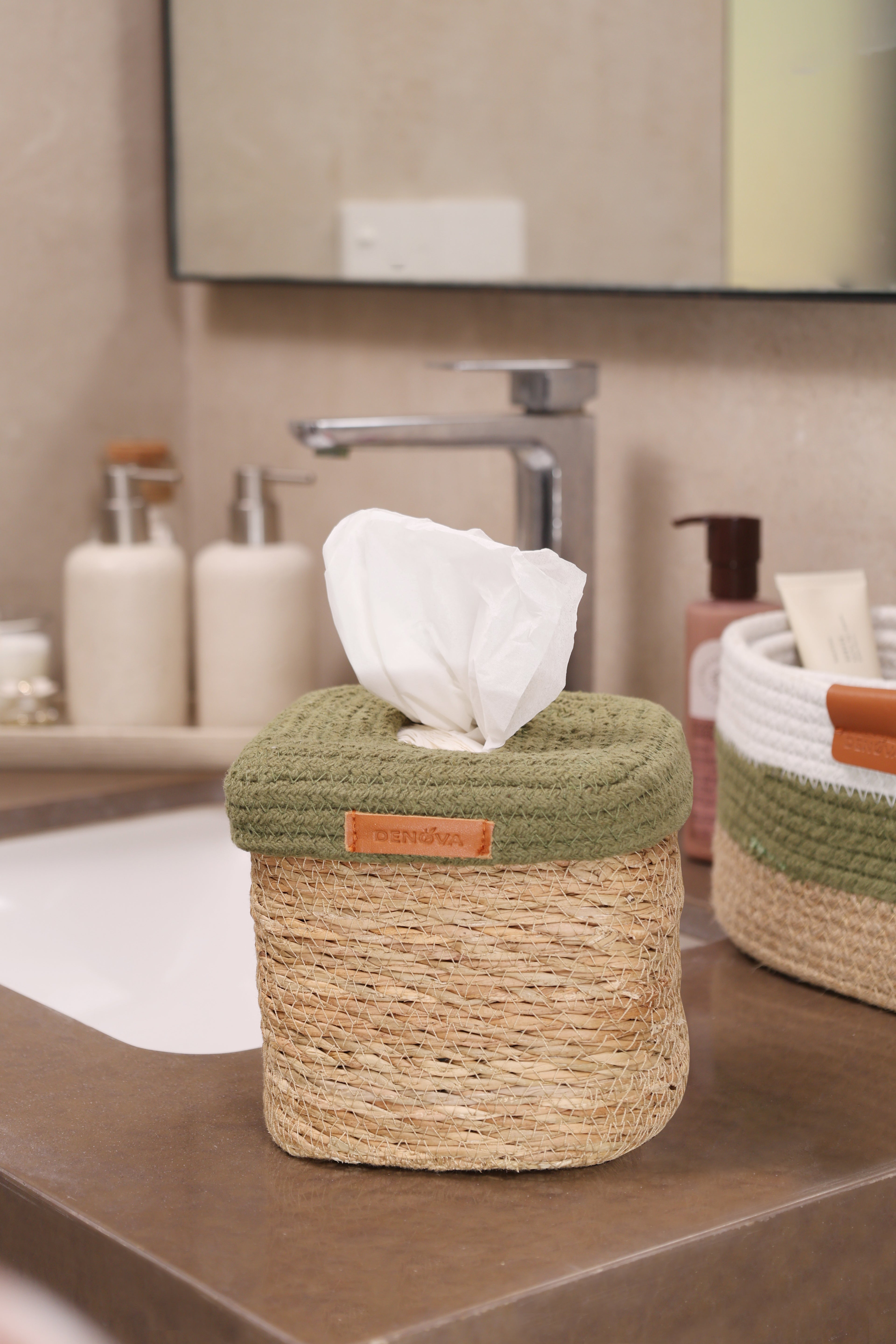 Square Tissue Box - Natural & Olive