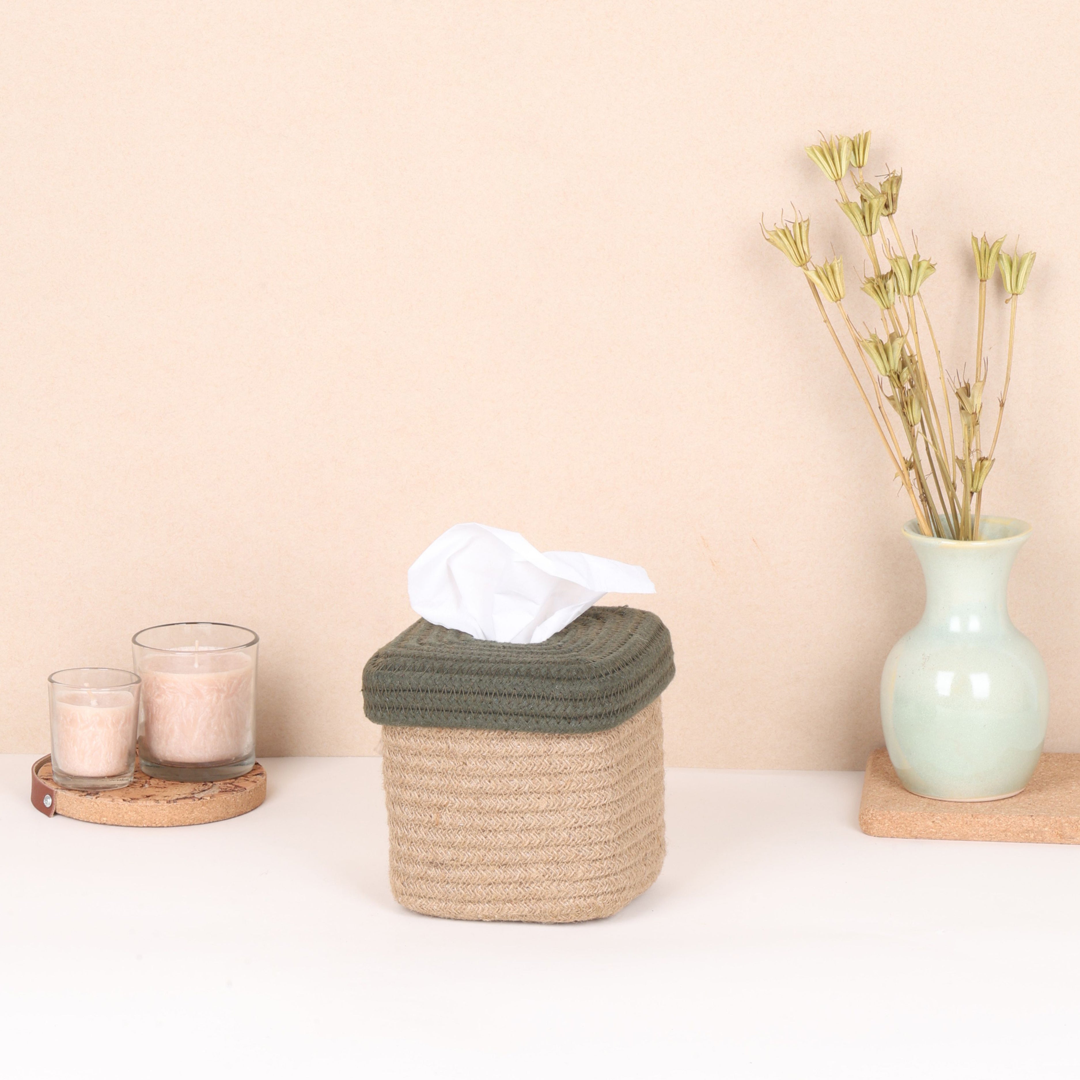 Square Tissue Box - Natural & Olive