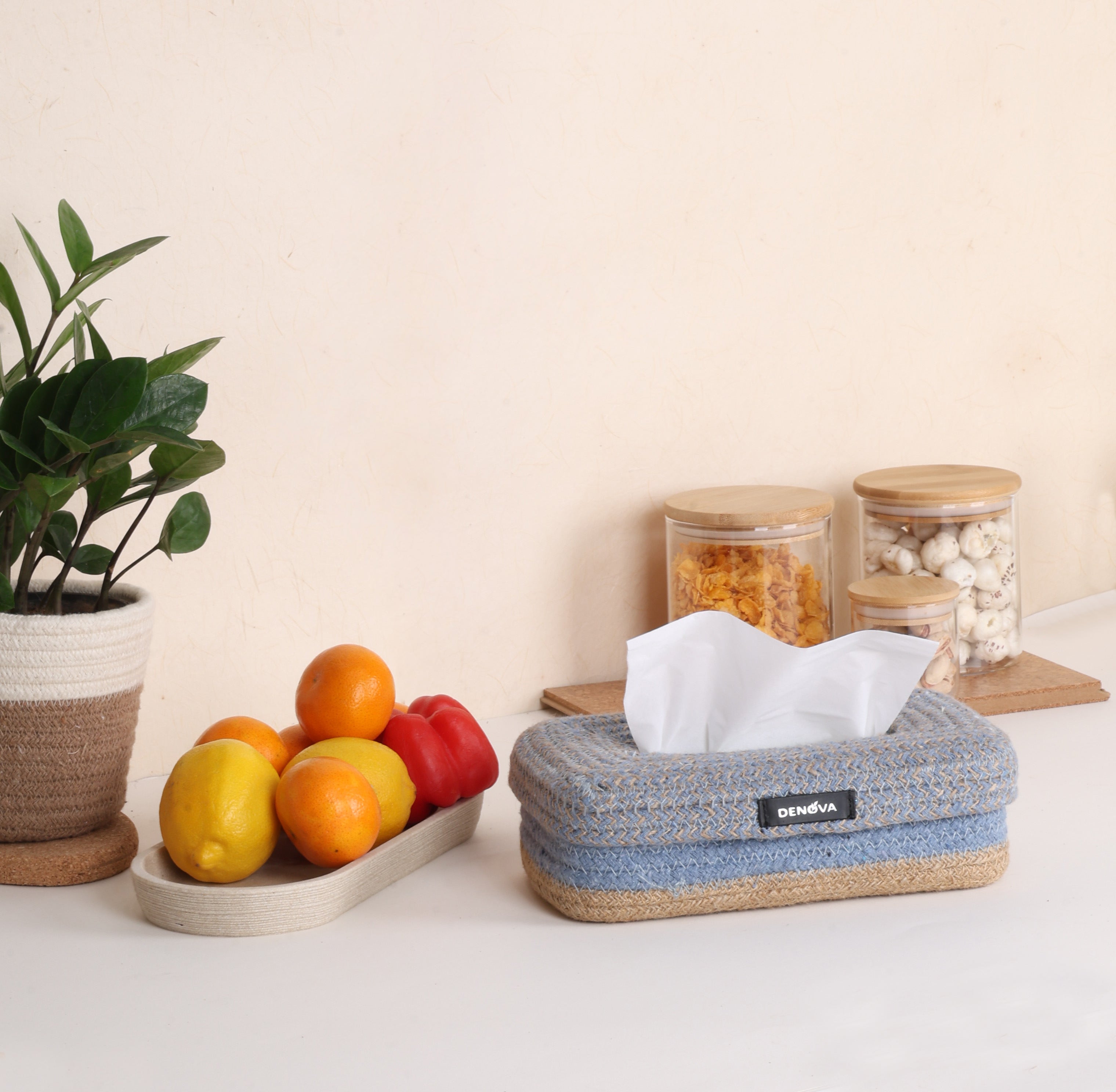 Rectangle Tissue Box - Natural & Blue
