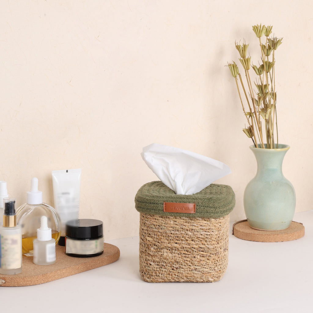 Square Tissue Box - Natural & Olive