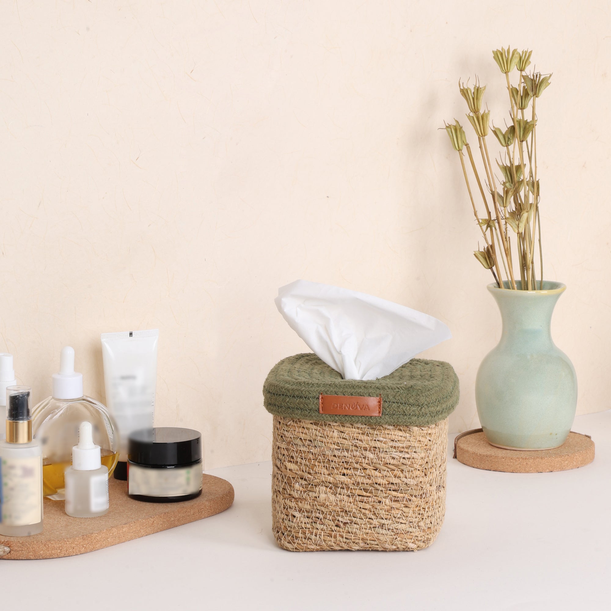 Square Tissue Box - Natural & Olive