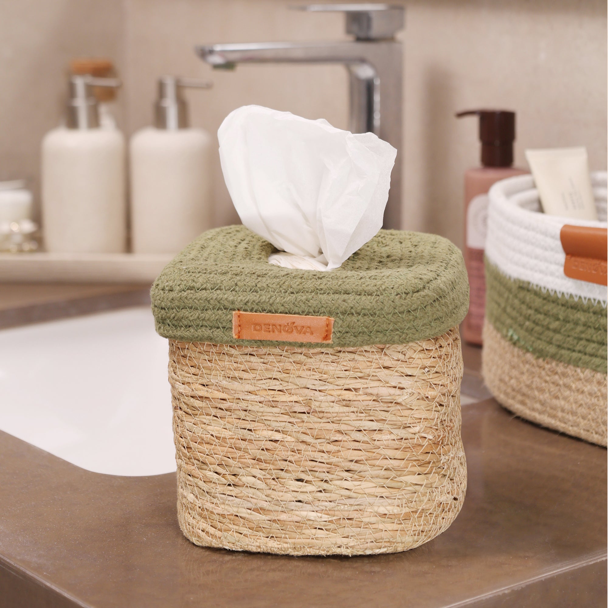 Square Tissue Box - Natural & Olive