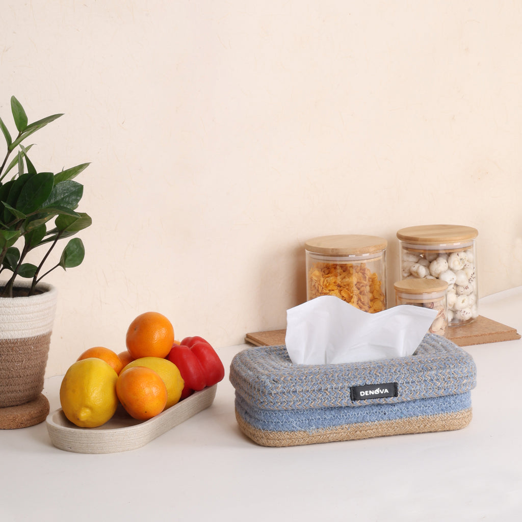 Rectangle Tissue Box - Natural & Blue
